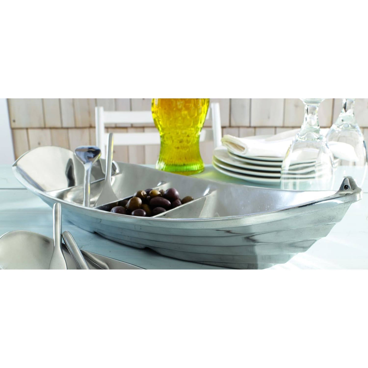 Silver Tropical Boat Tray with 2 Oars as Servers M72458