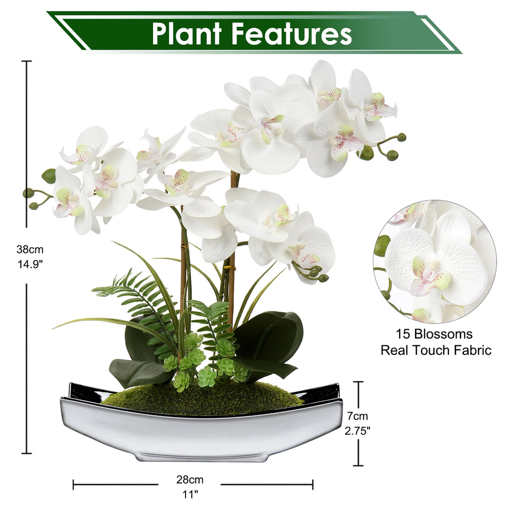 15" White Artificial Orchid in Silver Vase Q333