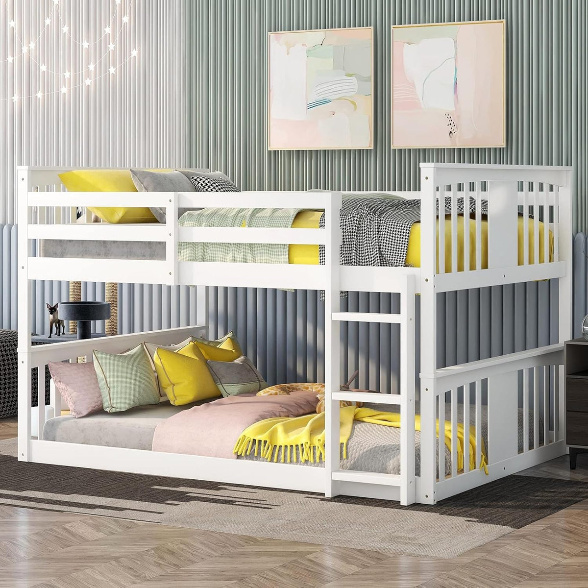 White Twin over Twin Low Bunk Bed Frame Wood J9320