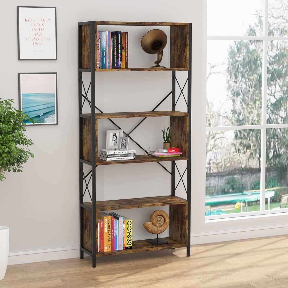 5 Tier Industrial Bookshelf with Metal Frame Retro Brown C16506