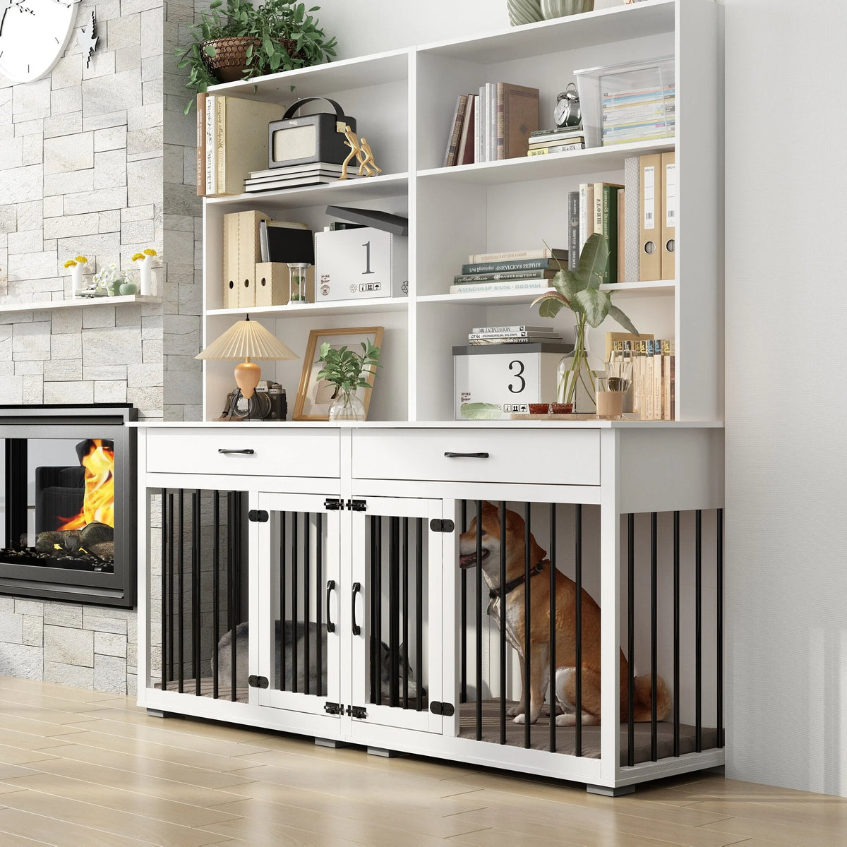 White Home Office Desk with Built-In Dog Crate Y469