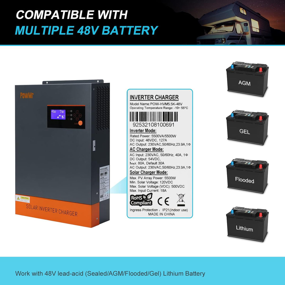 5500W Solar Hybrid Inverter with 80A MPPT Charge Controller 48V DC to 220/230V AC Pure Sine Wave Inverter L131