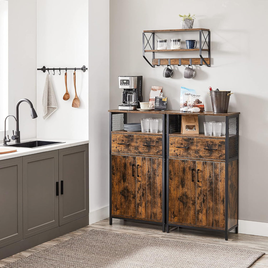 Rustic Brown and Black Freestanding Storage Cabinet with Doors and Shelves O6702
