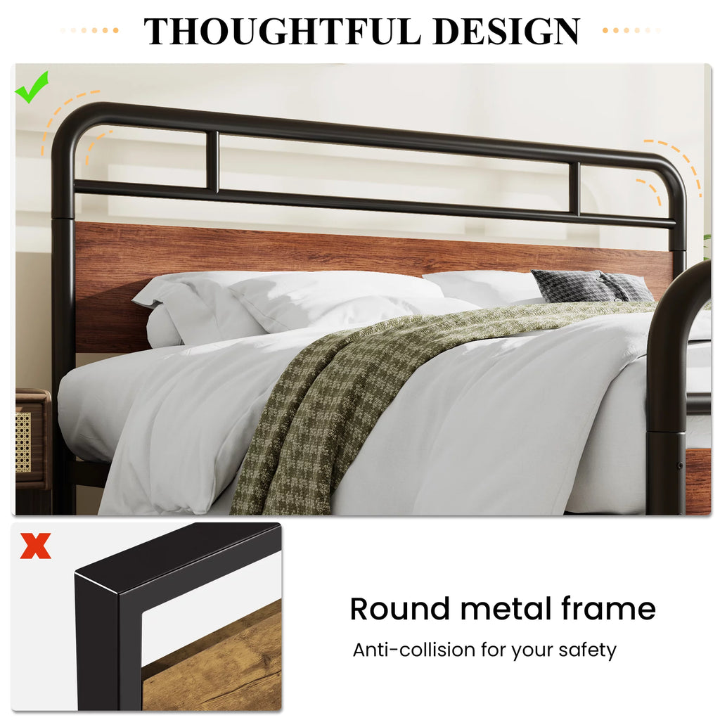 Dark Brown King Size Metal Platform Bed Frame with Wooden Headboard K927