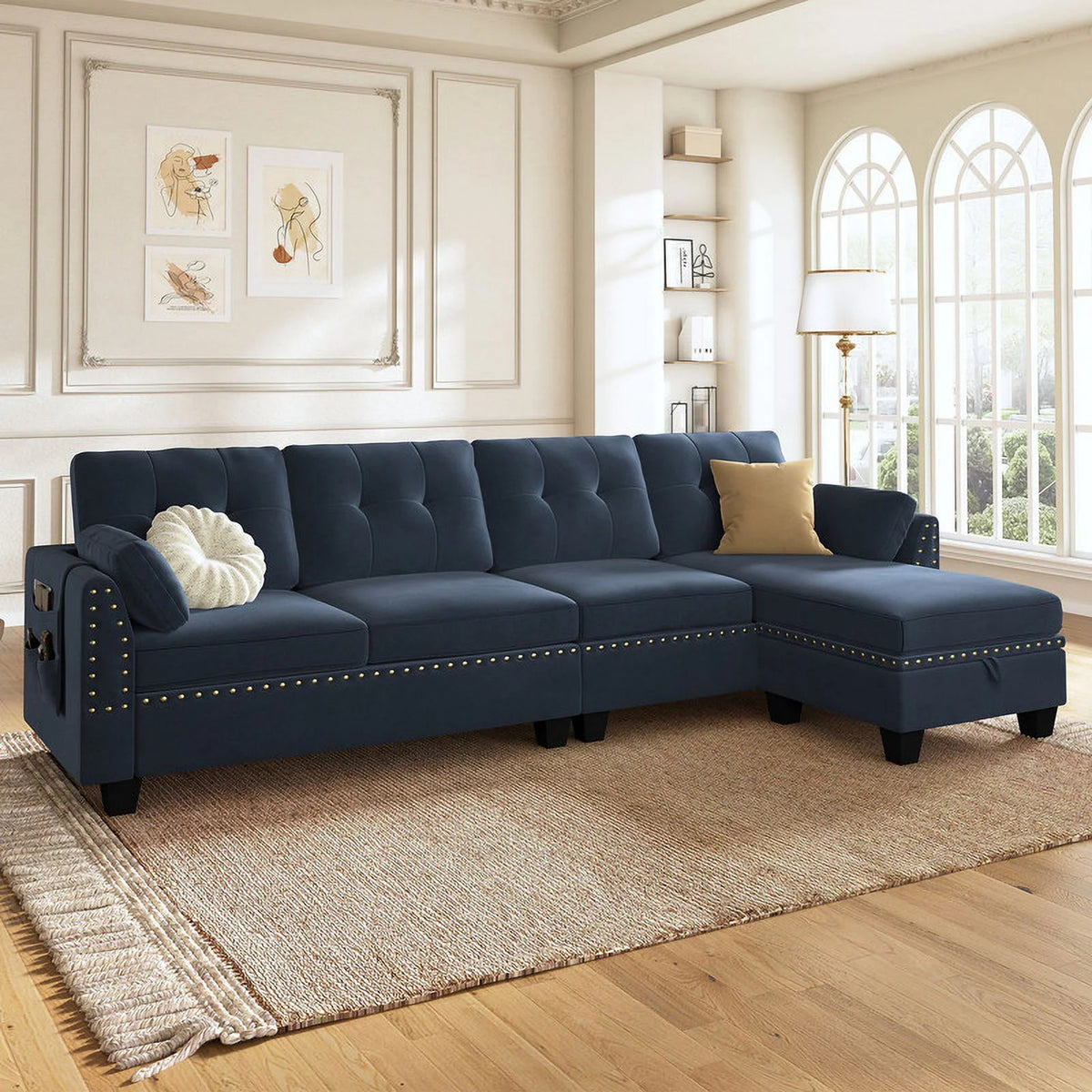 Black Velvet L Shaped Sectional Couch with Storage Ottoman U735420