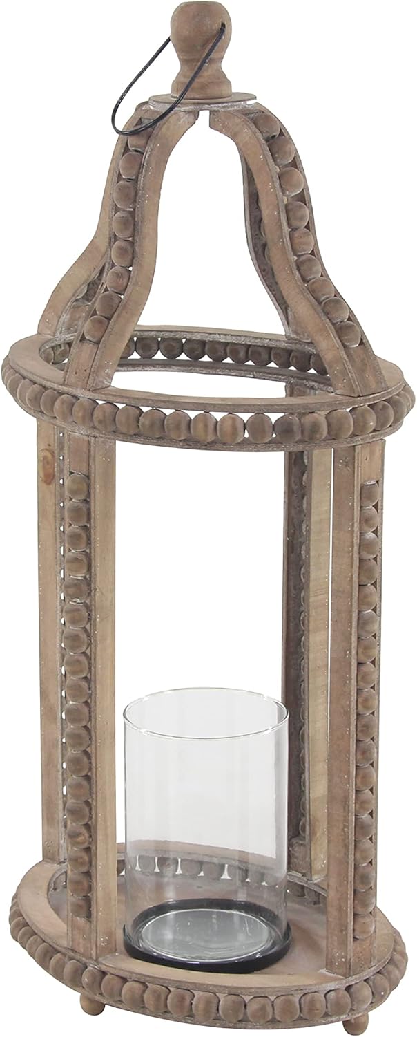 Rustic Wood and Glass Candle Lantern, 10W x 29H, Brown Z753