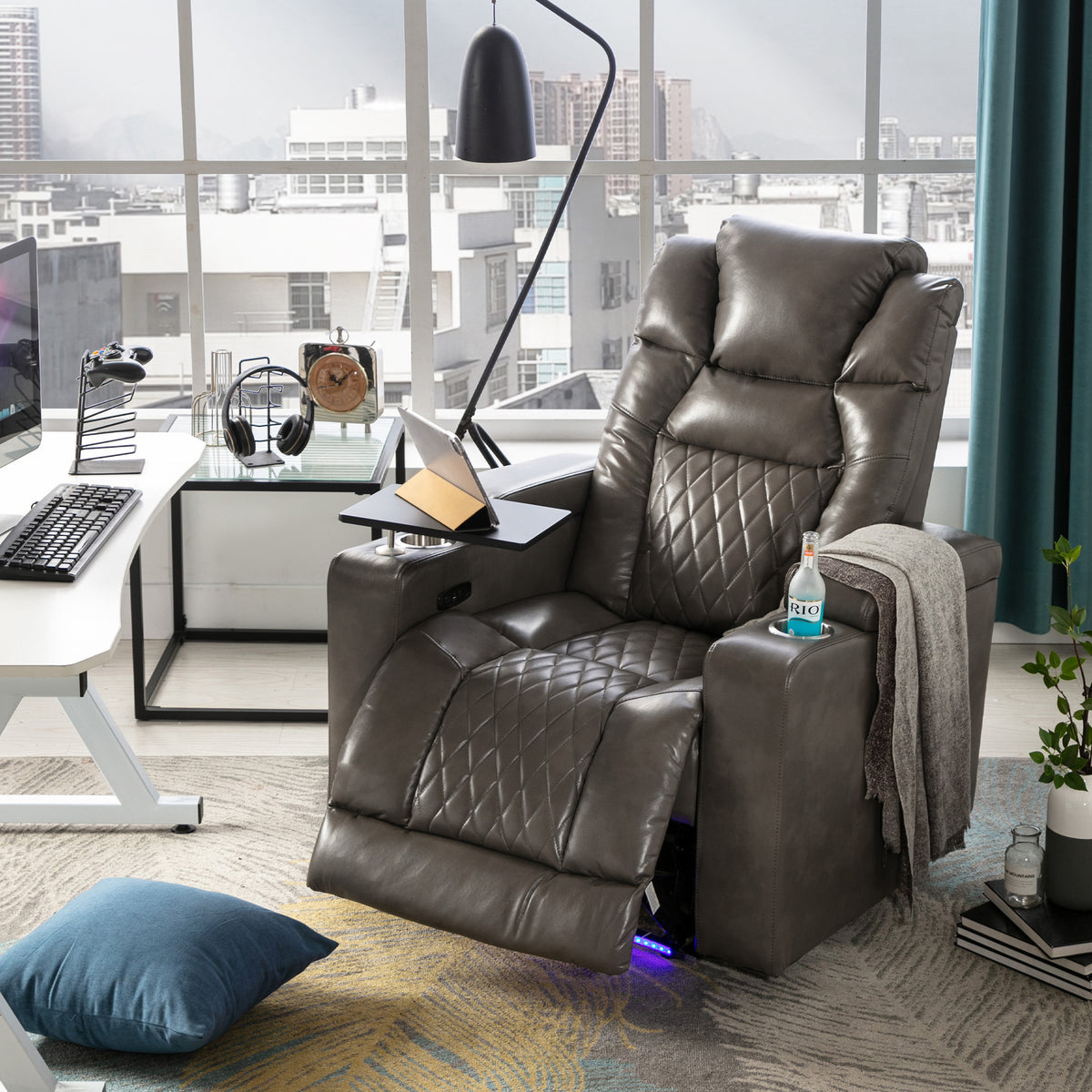 Power Motion Recliner with USB Charging Port and Hidden Arm Storage, 2 Cup Holders, 360° Swivel Tray Table F777720