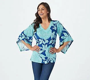 Tropical Floral V-Neck Knit Top, Size XX-Small, Twilight/Blue M67630
