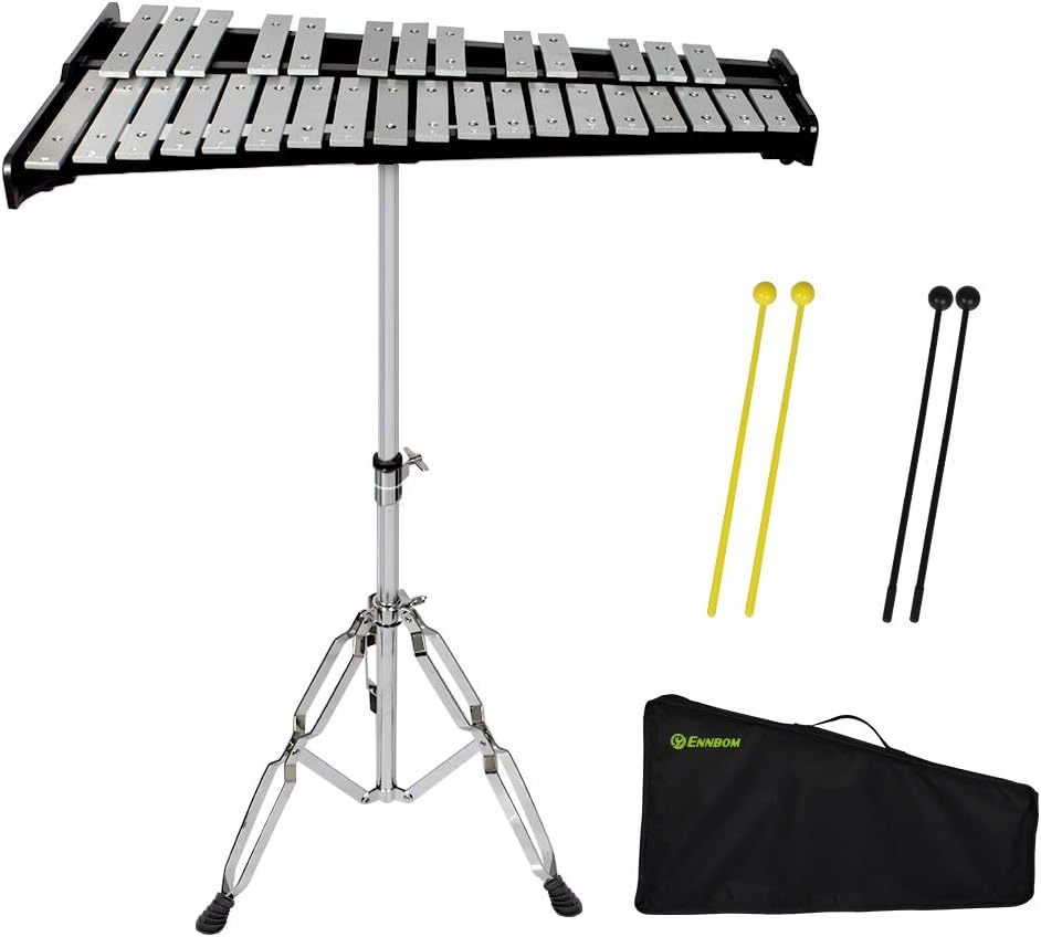 32 Notes Glockenspiel Kit Xylophone Bell Percussion Instrument Set with Stand Mallets and Carrying Bag Q647822