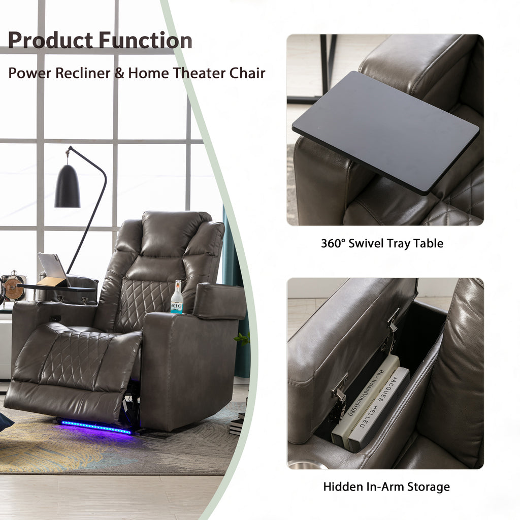 Power Motion Recliner with USB Charging Port and Hidden Arm Storage, 2 Cup Holders, 360° Swivel Tray Table F777720