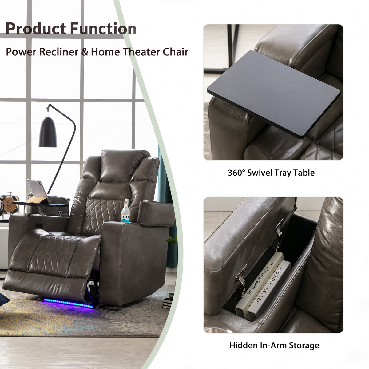 Power Motion Recliner with USB Charging Port and Hidden Arm Storage, 2 Cup Holders, 360° Swivel Tray Table F777720