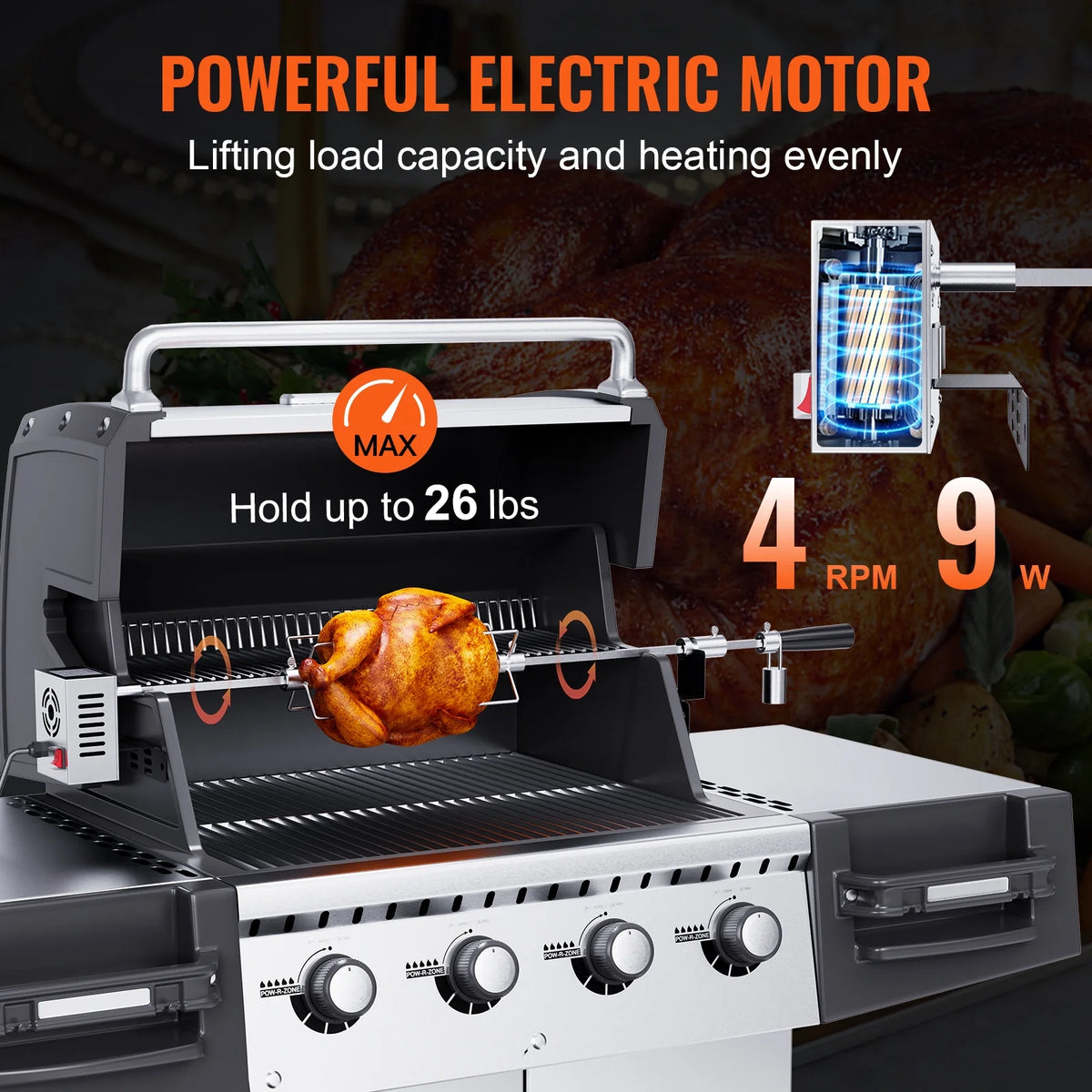 Universal Grill Rotisserie Kit BBQ Roaster 32"/39" Spit Rod Electric Motor S2574