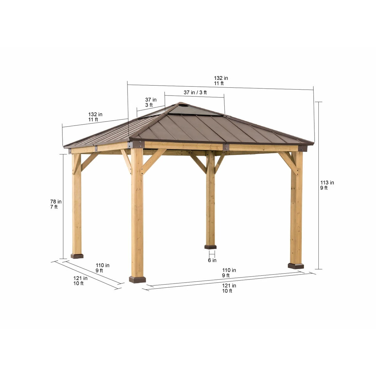 13 ft. x 15 ft. Cedar Framed Gazebo with Brown Steel and Polycarbonate Hip Roof Hardtop B98384