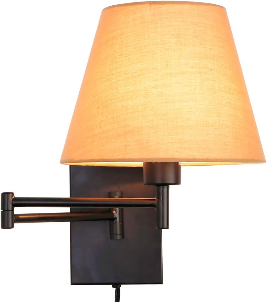 Swing Arm Wall Lamp Plug-in Cord Linen Shade O15320