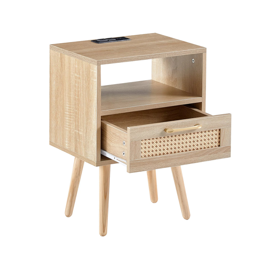Rattan Wood Nightstand 1 Drawer with Socket USB E665847
