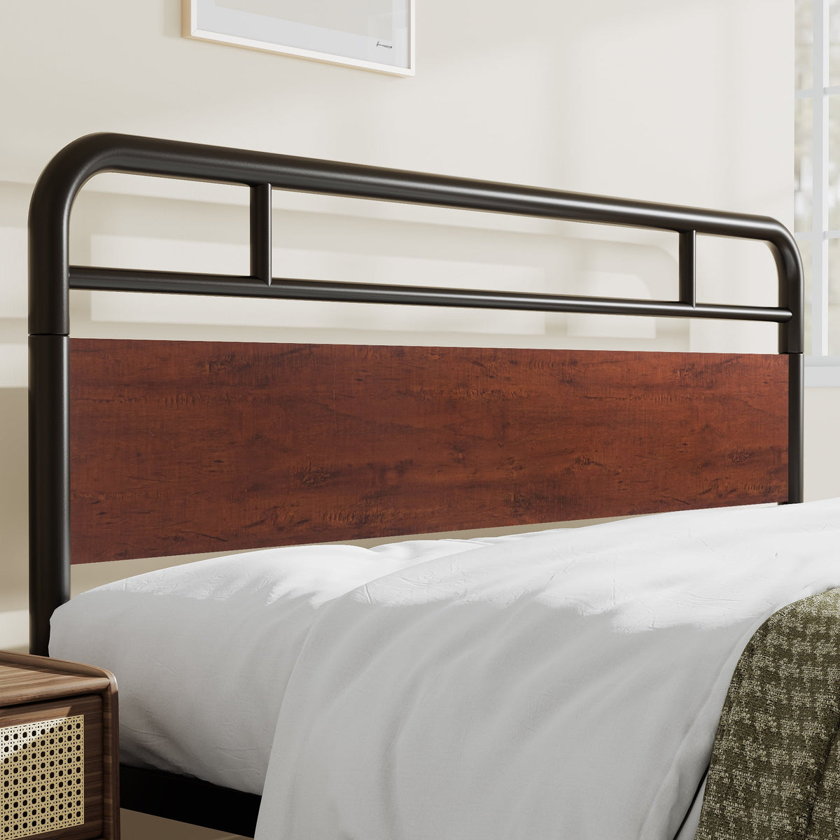 Dark Brown King Size Metal Platform Bed Frame with Wooden Headboard K927