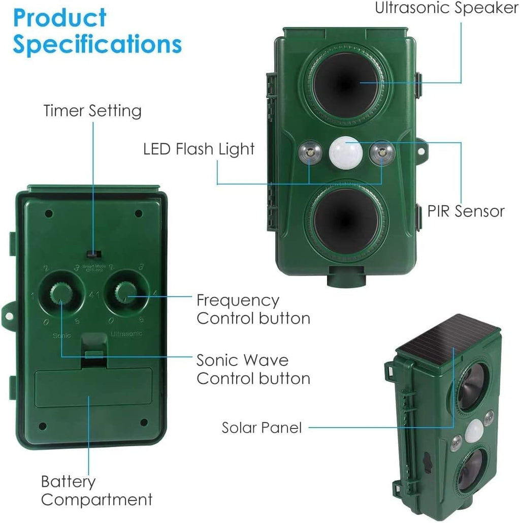 Ultrasonic Solar Animal Deterrent with Motion Sensor and Flashing Lights T443