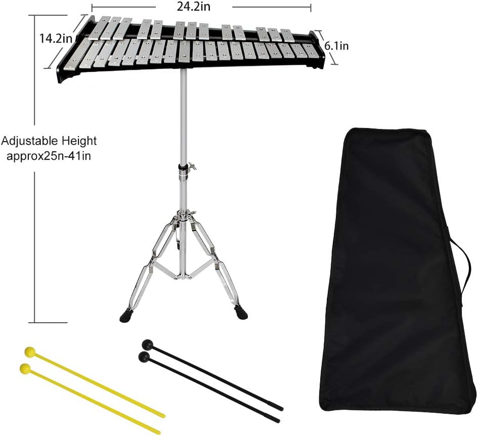 32 Notes Glockenspiel Kit Xylophone Bell Percussion Instrument Set with Stand Mallets and Carrying Bag Q647822