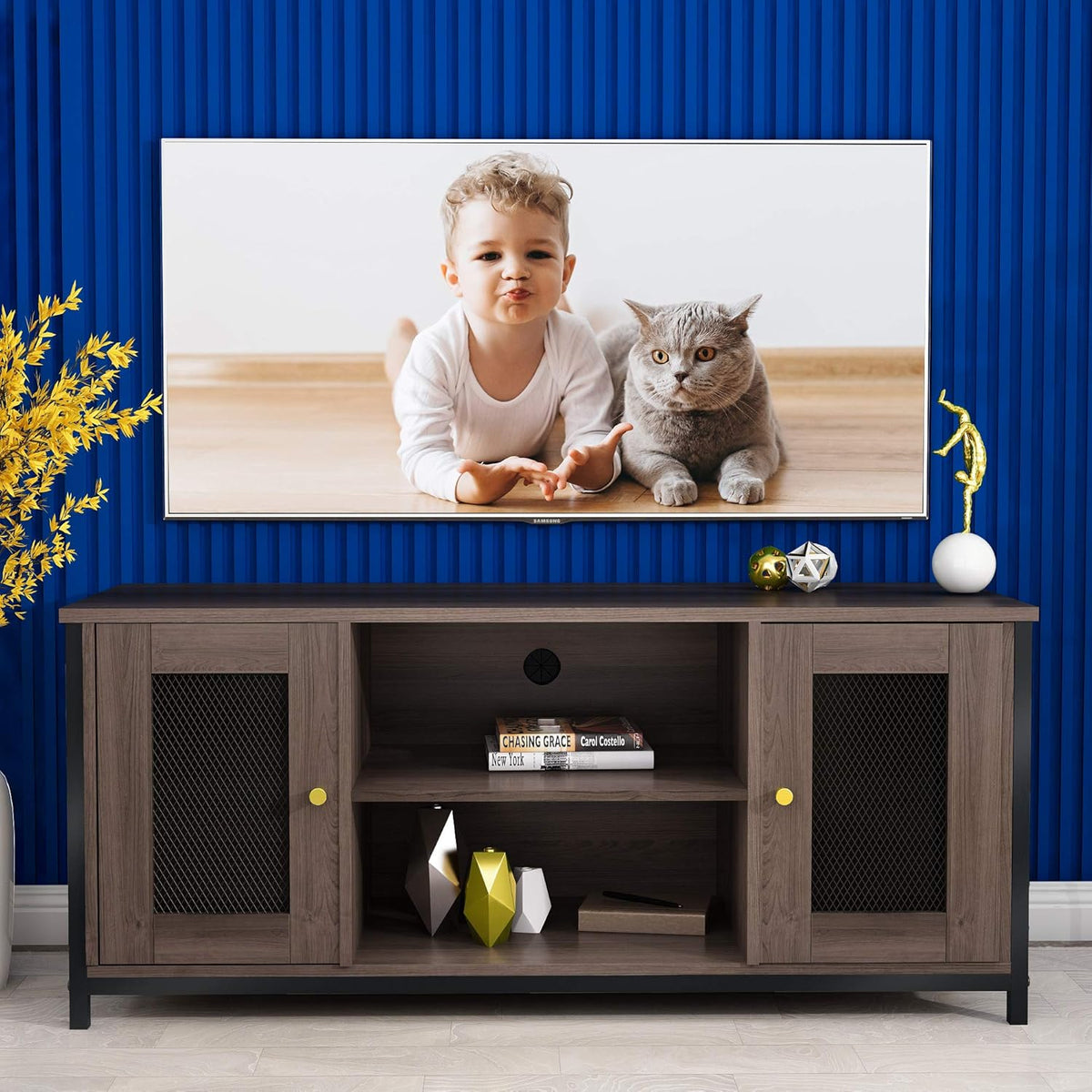 Brown Walnut Entertainment Center Stand with Storage Y2166
