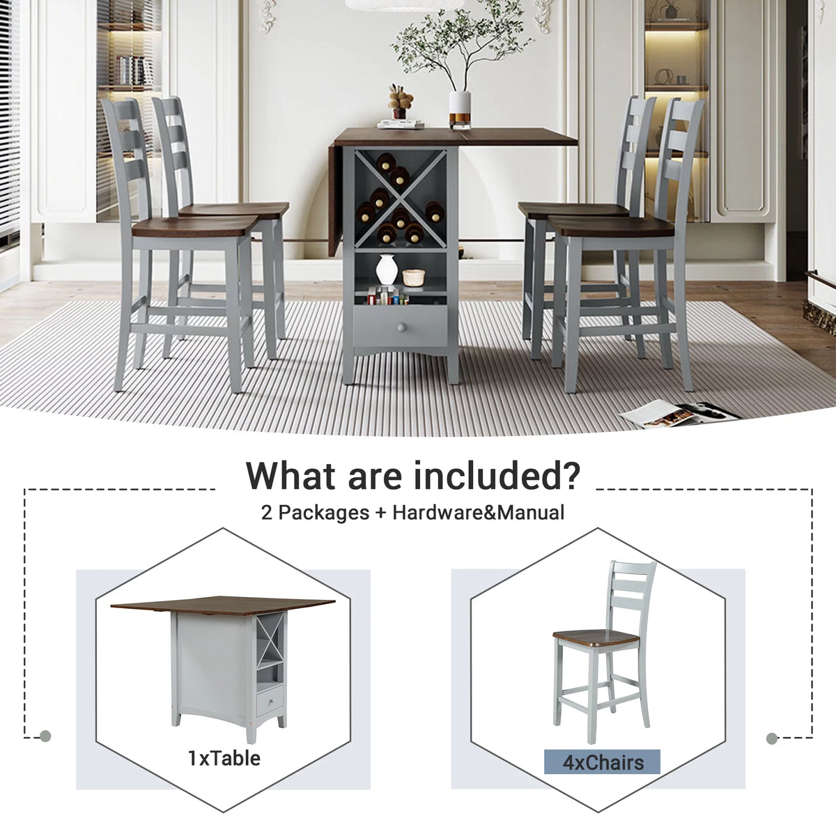 Wood 5-Piece Counter Height Dining Table Set with Rack and Drawers Y778