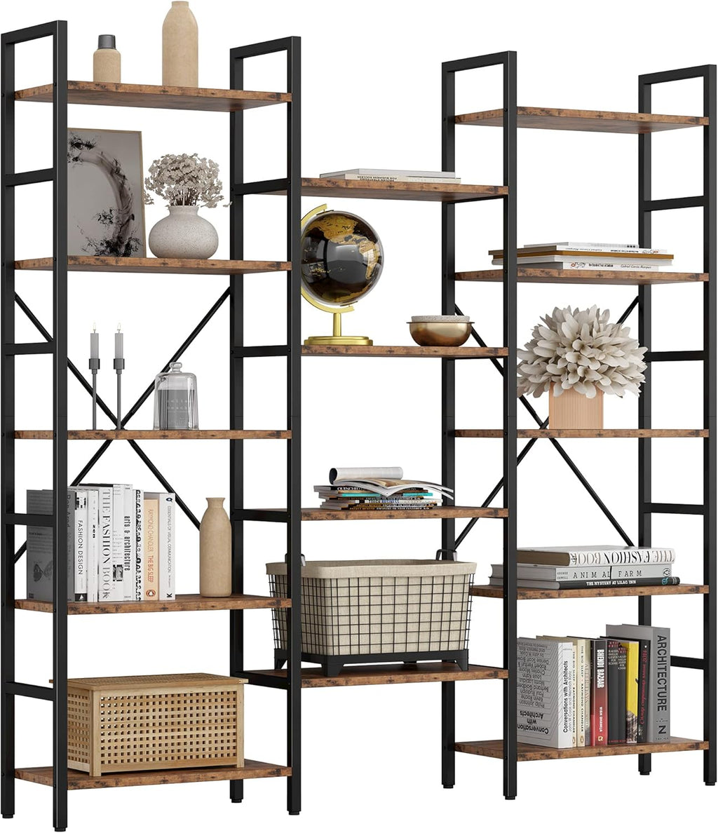 Triple Wide 5 Tiers Industrial Bookshelf with Metal Frame C560