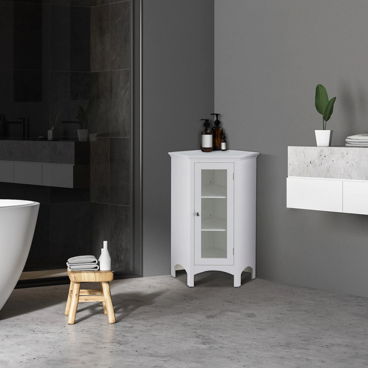 Wooden Corner Floor Cabinet with Glass Door White E19564