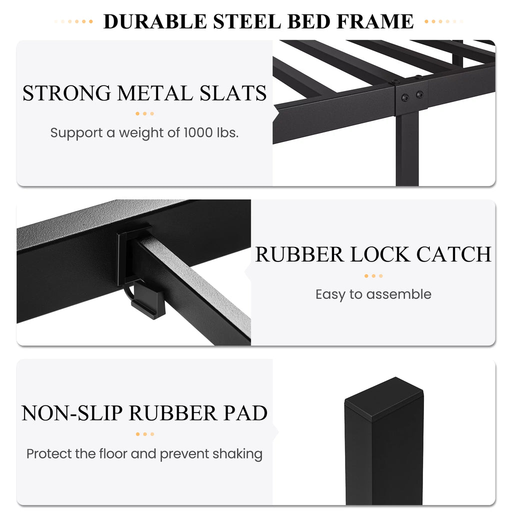 Dark Brown King Size Metal Platform Bed Frame with Wooden Headboard K927
