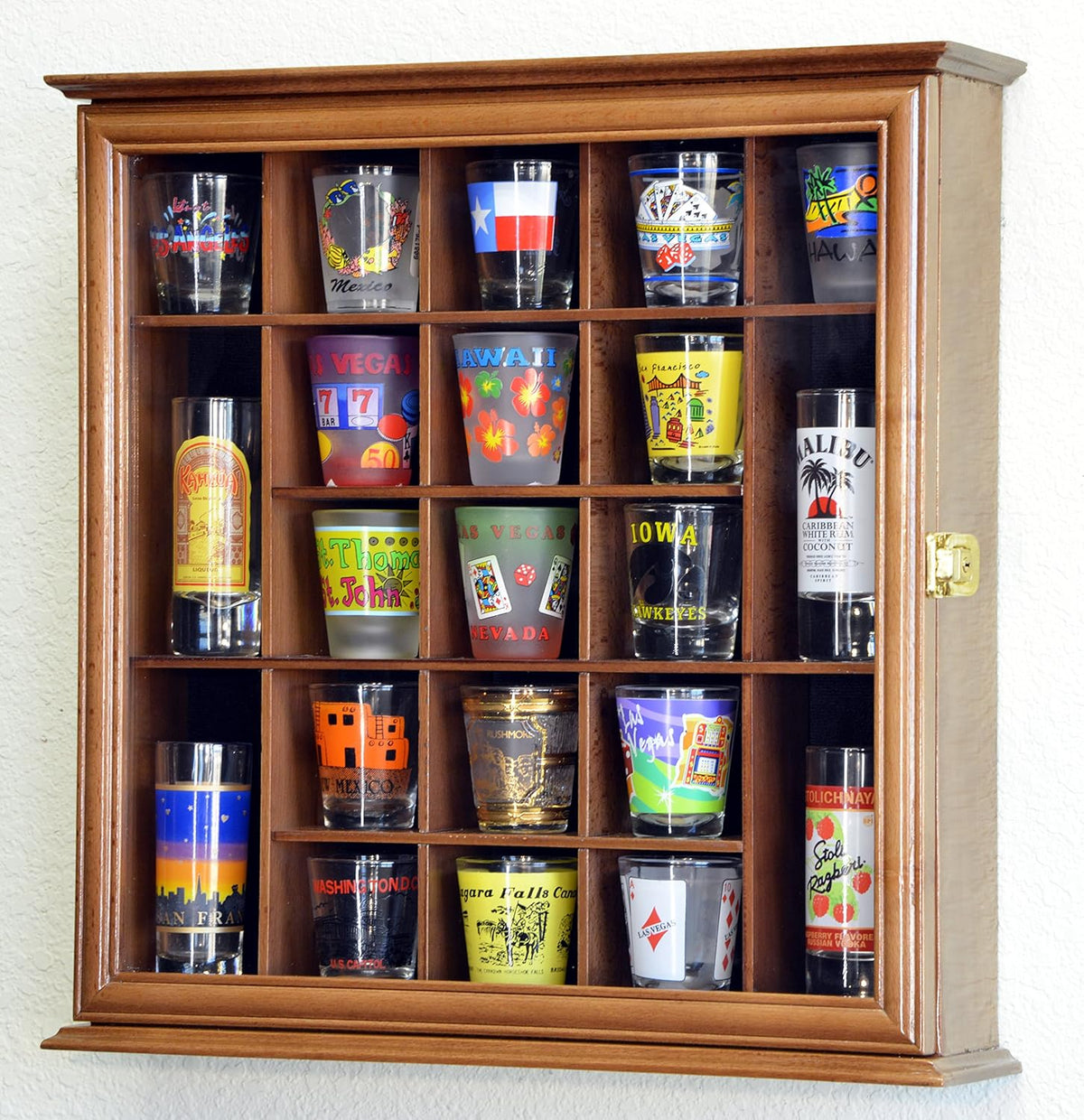 Walnut Lockable Wall Rack Display Case for 21 Shot Glasses R90264