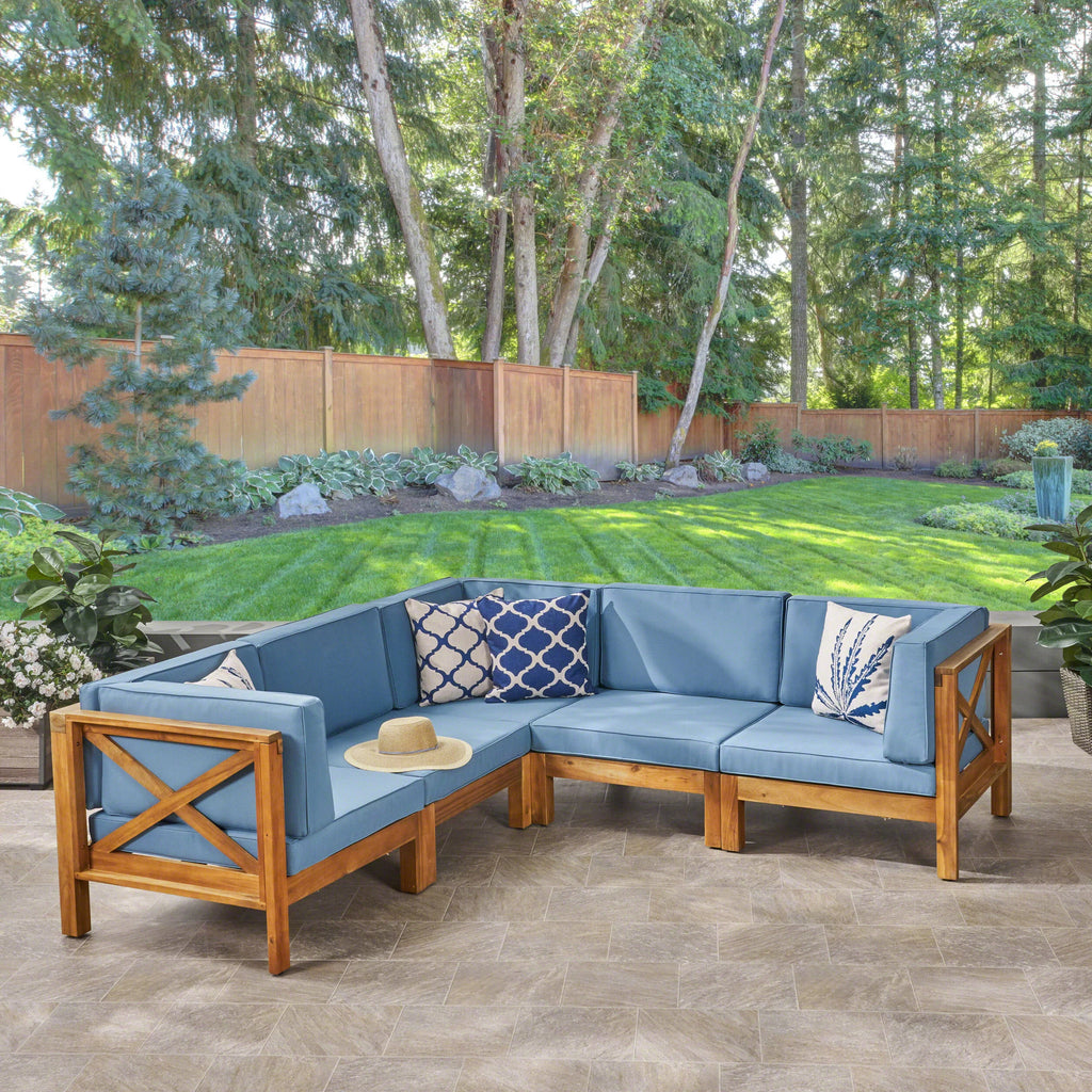 Acacia Wood 5 Seater Sectional Sofa Set with Water-Resistant Cushions J2389