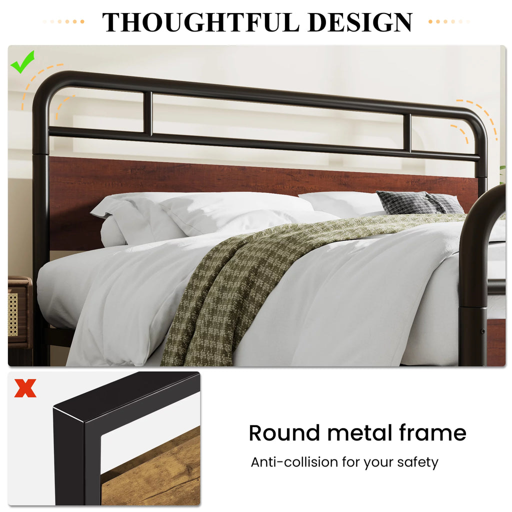 Dark Brown King Size Metal Platform Bed Frame with Wooden Headboard K927