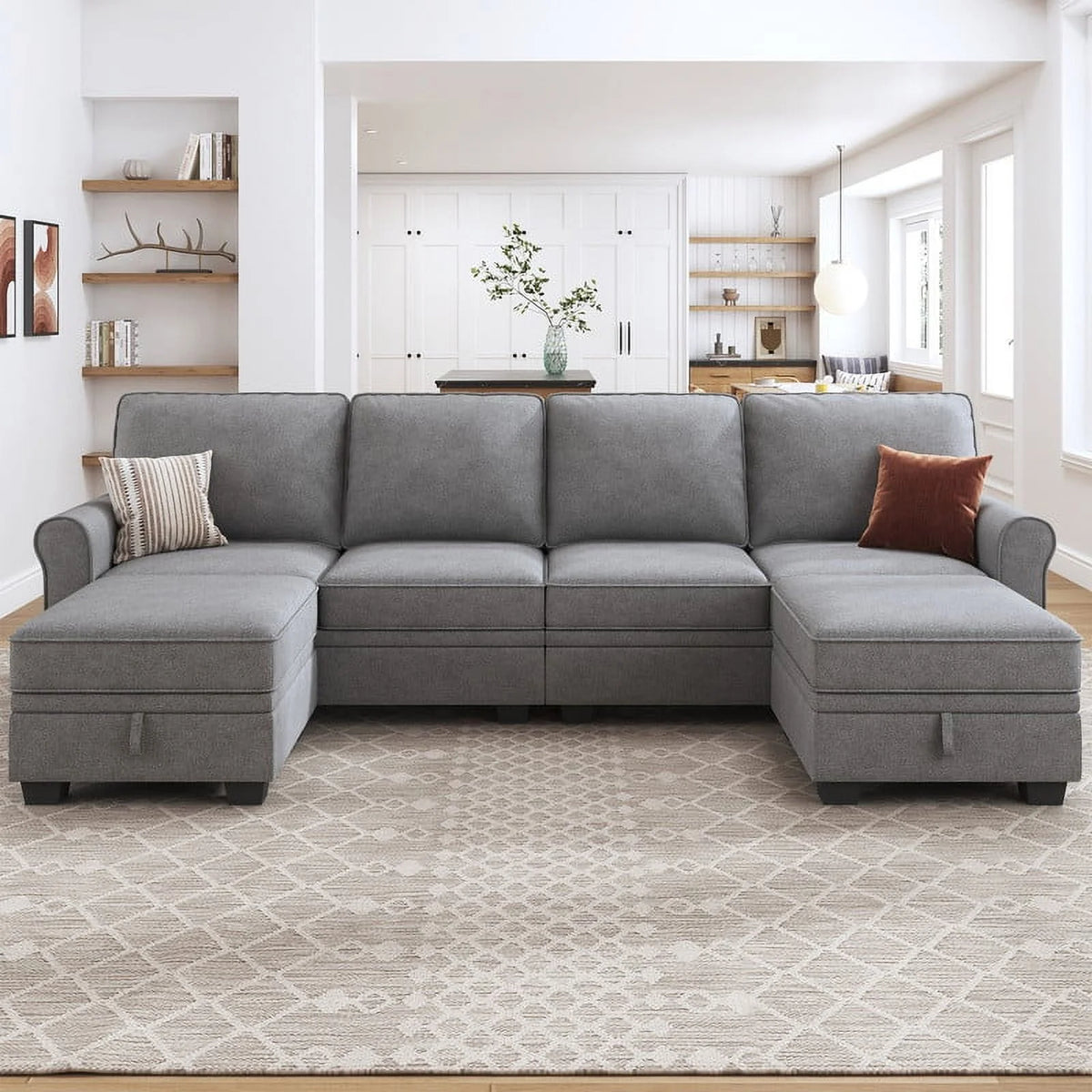 Dark Grey U-Shaped Sectional Sofa with Ottomans M711135