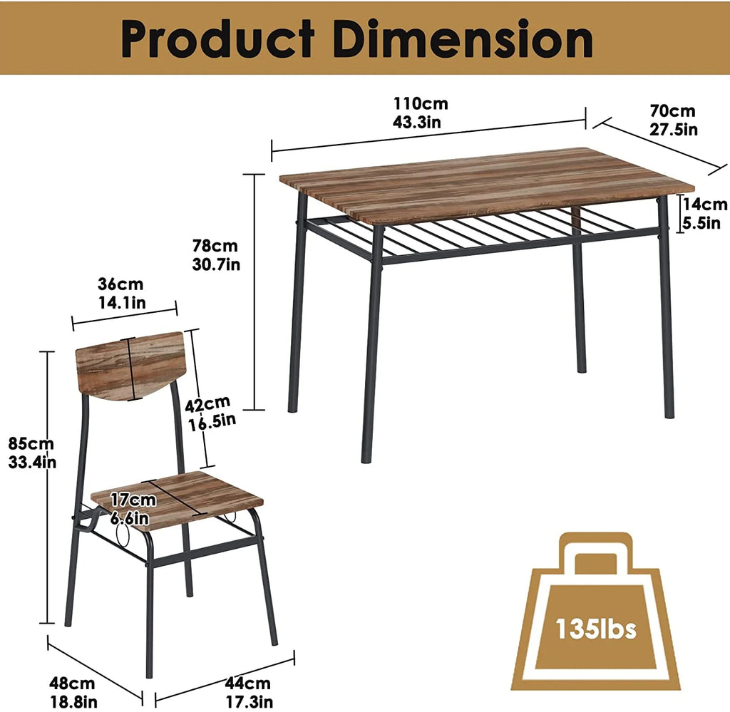 5 Piece Dining Table Set with 4 Chairs and Storage Rack, Wooden Top and Metal Legs, Rustic Brown L44450