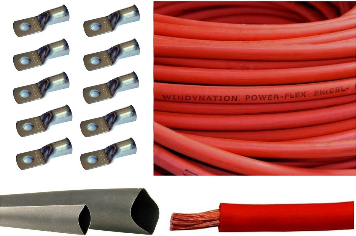 6 Gauge 25 Feet Red + 25 Feet Black Pure Copper Flexible Cable with 10pcs 3/8" Tinned Copper Cable Lug Terminals and 3 Feet Heat Shrink Tubing O42609