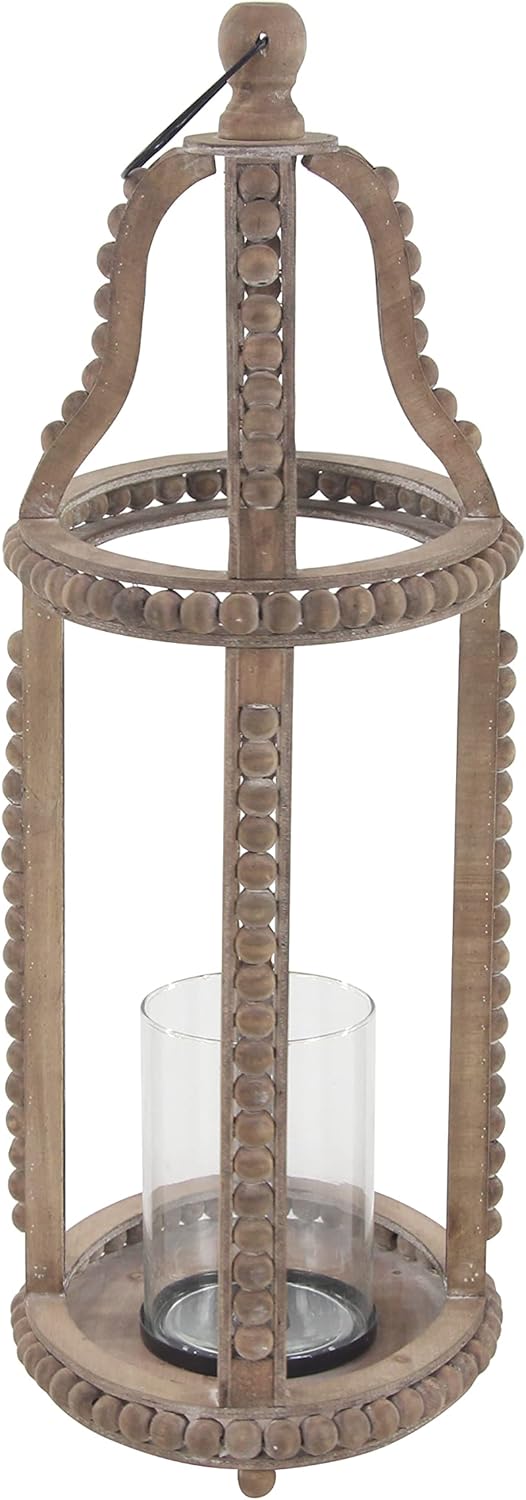 Rustic Wood and Glass Candle Lantern, 10W x 29H, Brown Z753