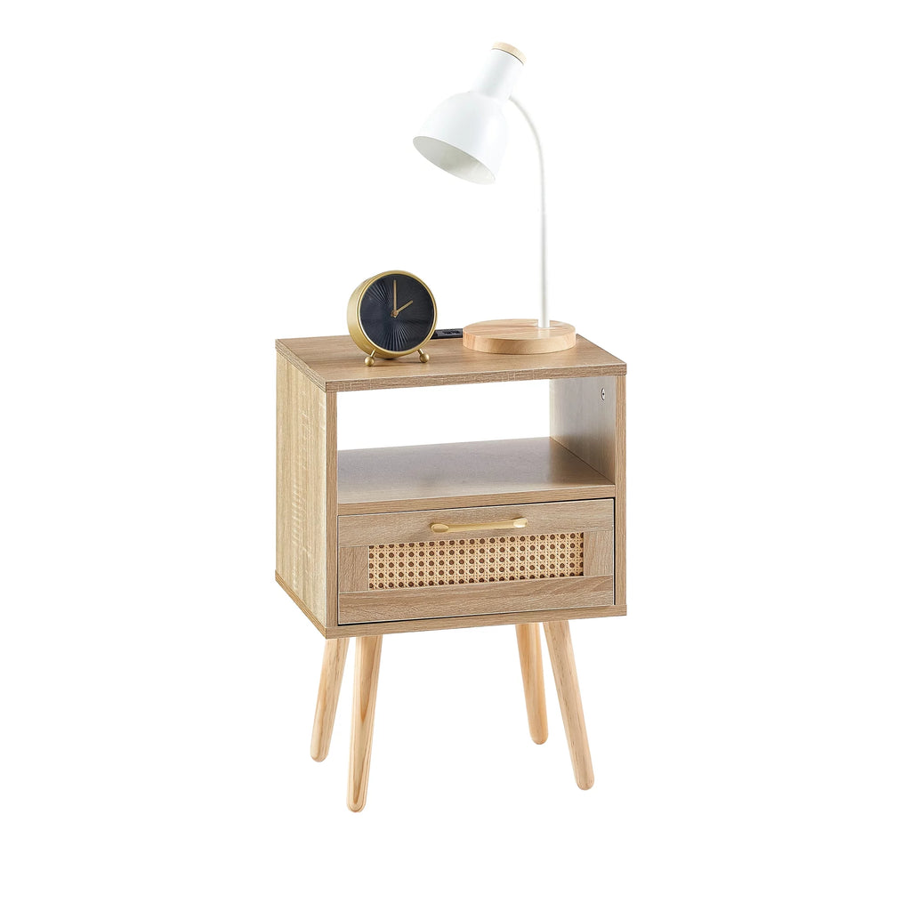 Rattan Wood Nightstand 1 Drawer with Socket USB E665847