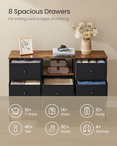 Fabric Dresser with Power Outlets and LED Lights, 8 Drawers, Ink Black and Rustic Brown E9399