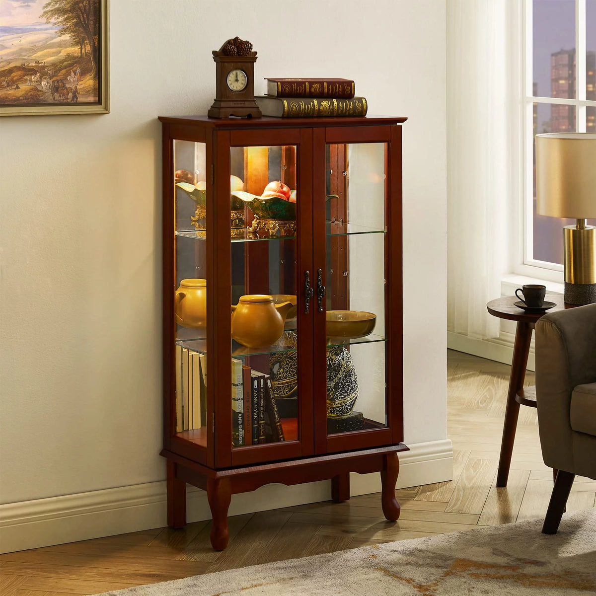 3 Tier Curio Cabinet with Tempered Glass Doors, Cherry W1769