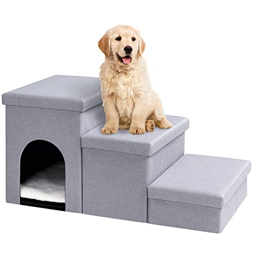 Gray 3 Steps Dog Stairs with Storage K725