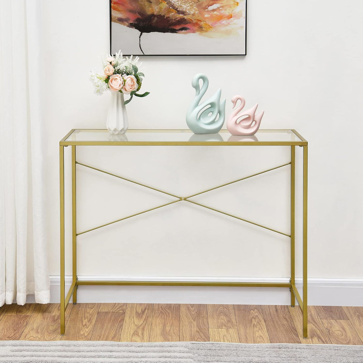 Gold 39.37" Tempered Glass Top Narrow Console Table with Metal Frame K6575