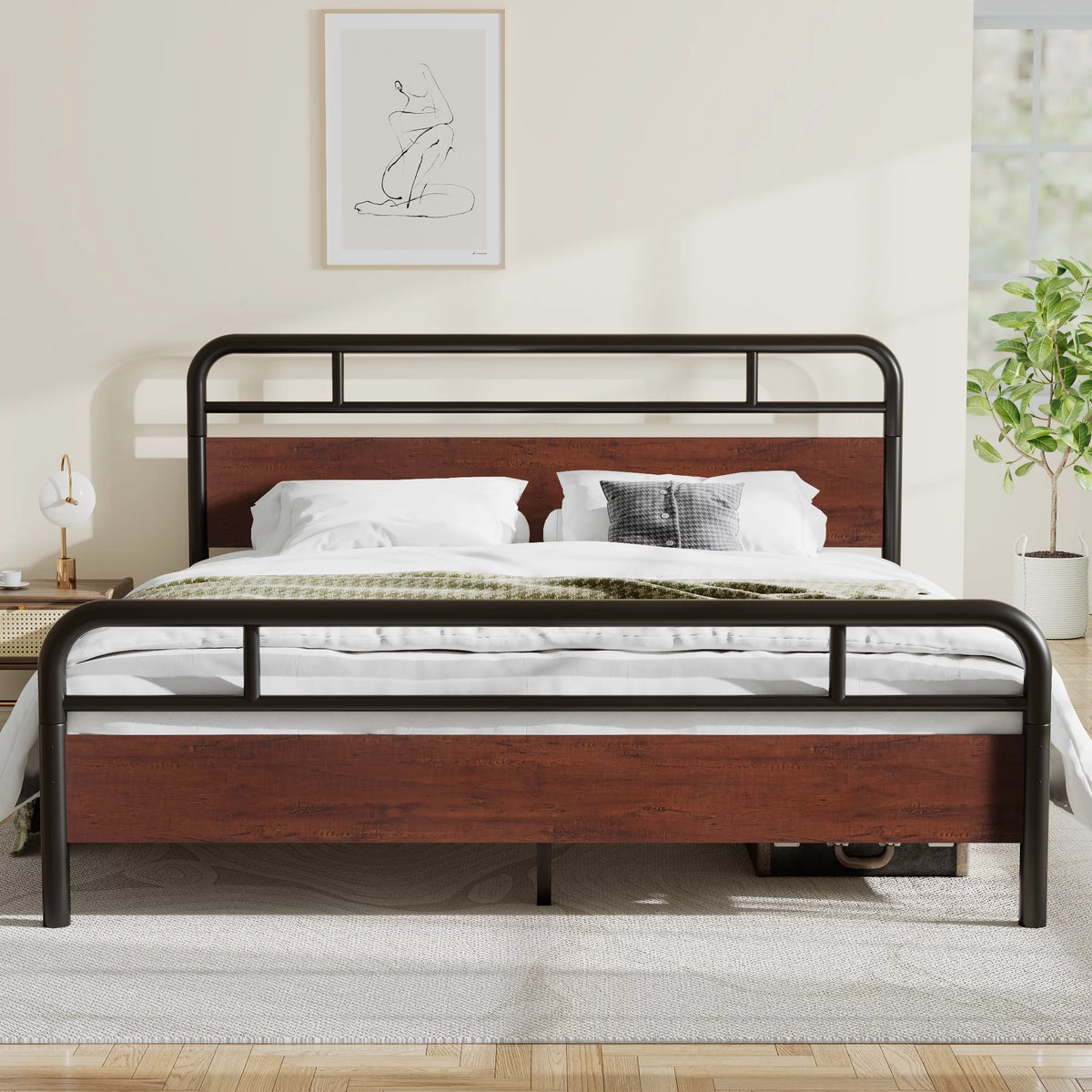 Dark Brown King Size Metal Platform Bed Frame with Wooden Headboard K927