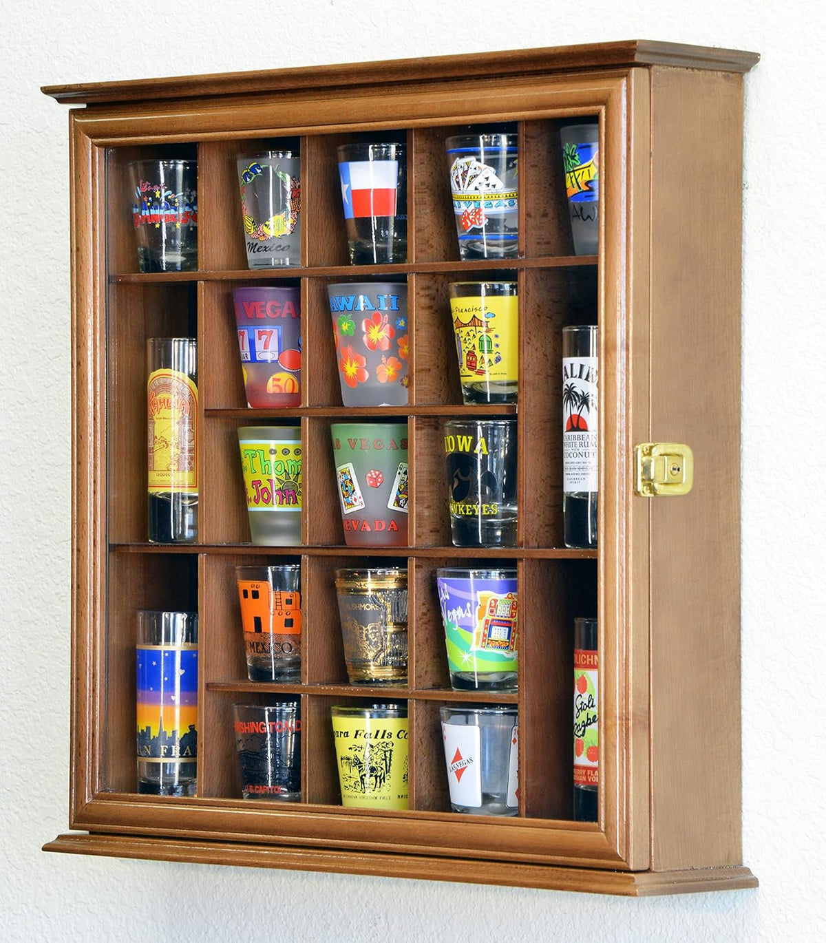 Walnut Lockable Wall Rack Display Case for 21 Shot Glasses R90264