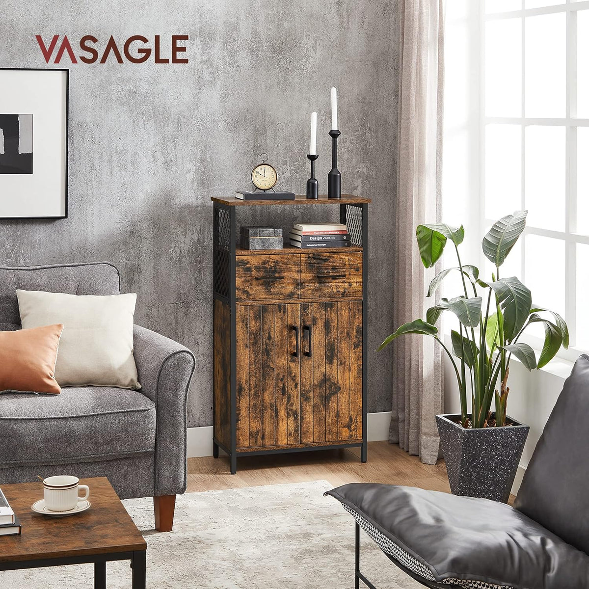 Rustic Brown and Black Freestanding Storage Cabinet with Doors and Shelves O6702