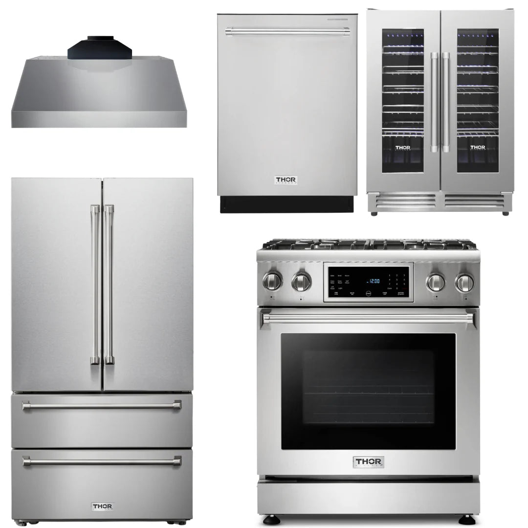 30 In. Propane Gas Range, Range Hood, Refrigerator, Dishwasher, Wine Cooler L457