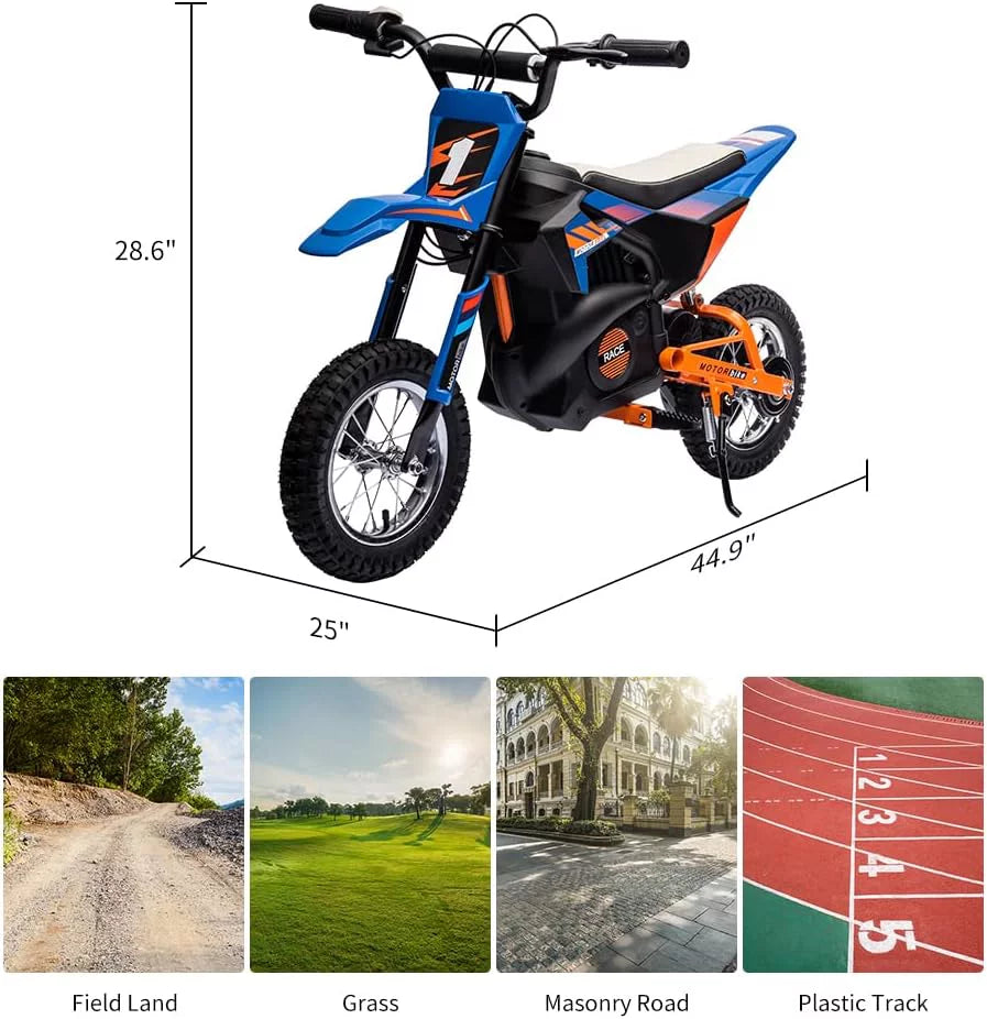 24V Electric Off-Road Motorcycle 250W Motor 13.6MPH Fast Speed Motocross Leather Seat Dirt Bike Twist Grip Throttle Metal Suspension Air-Filled Tires for Kids Teens Age 13+ Blue B194