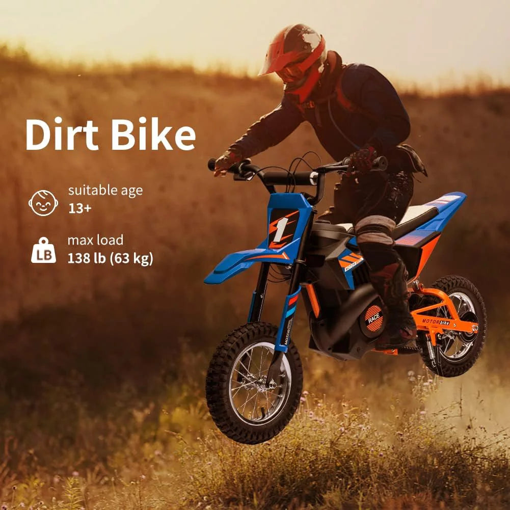 24V Electric Off-Road Motorcycle 250W Motor 13.6MPH Fast Speed Motocross Leather Seat Dirt Bike Twist Grip Throttle Metal Suspension Air-Filled Tires for Kids Teens Age 13+ Blue B194