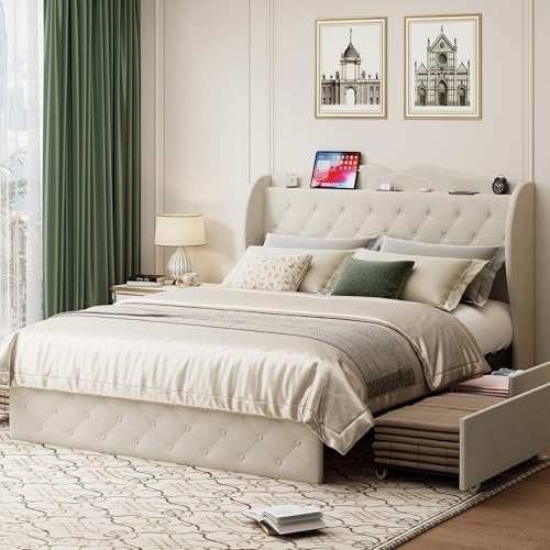 Full Size Velvet Upholstered Platform Bed Frame with 4 Storage Drawers X6688
