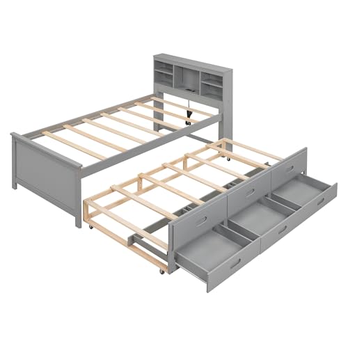 Gray Full Size Bookcase Bed with Trundle and Storage Drawers J5899