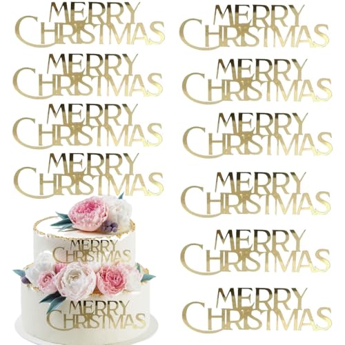 10 Pcs Mirror Gold Merry Christmas Cake Toppers N5106