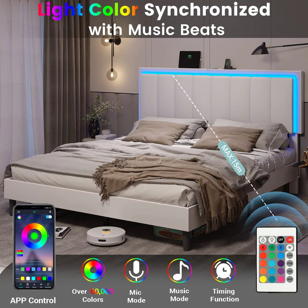 White Queen Upholstered Platform Bed Frame with Charging Station and LED Lights Y679