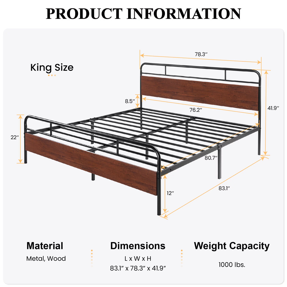 Dark Brown King Size Metal Platform Bed Frame with Wooden Headboard K927